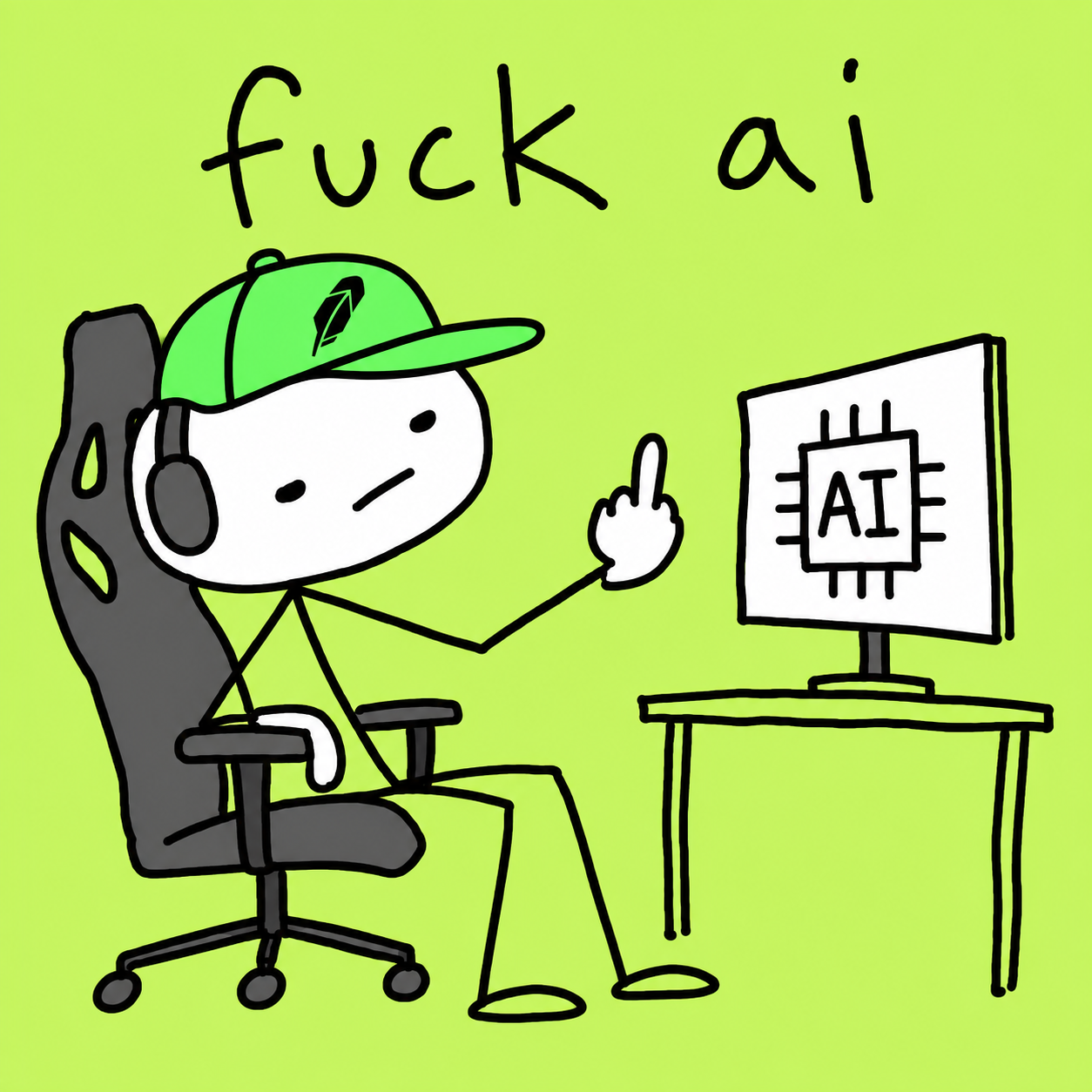 Stick figure in a gaming chair wearing a green Robinhood cap and giving the AI monitor the finger